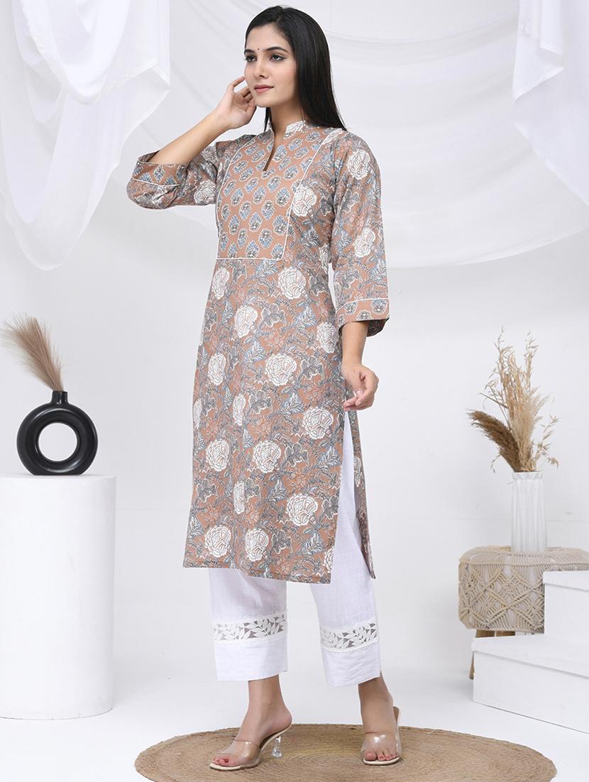 women three quarter sleeve straight kurta - 21454854 -  Standard Image - 1
