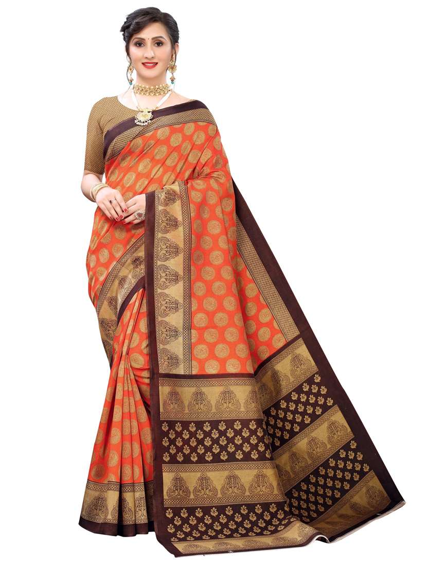 women orange printed saree with blouse