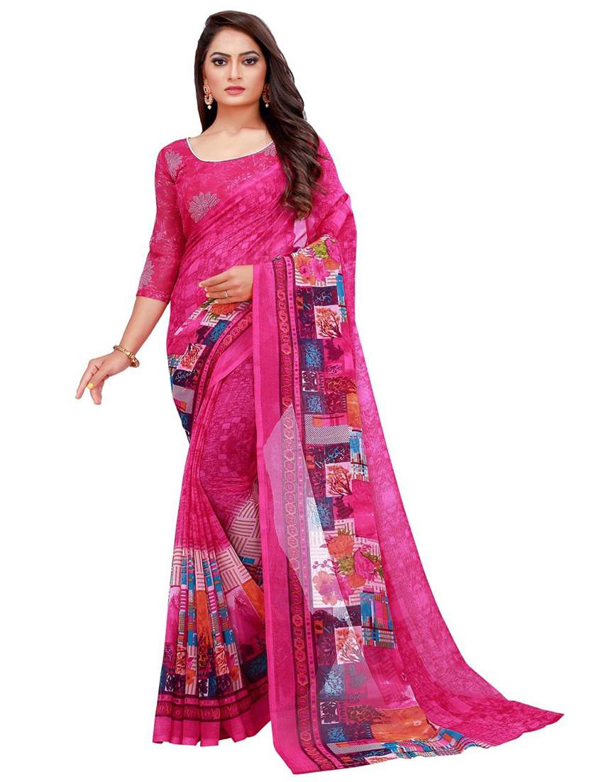 women pink printed georgette saree with blouse