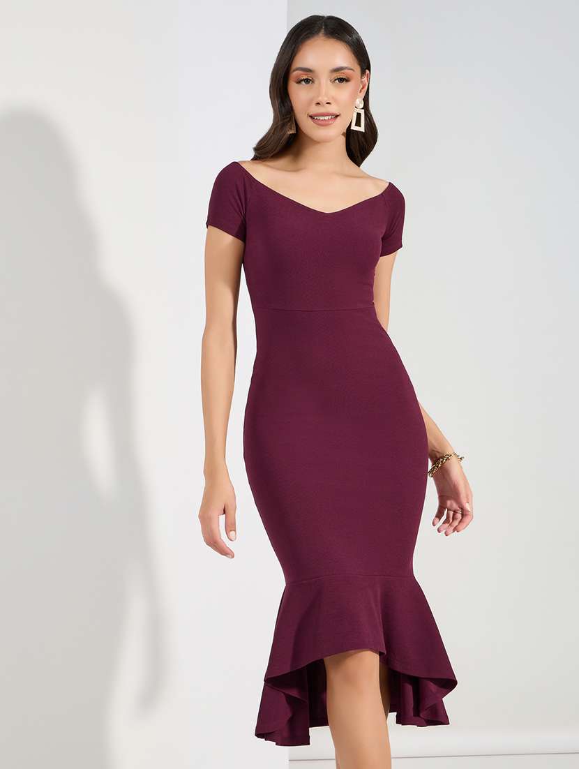 women burgundy polyester bodycon dress