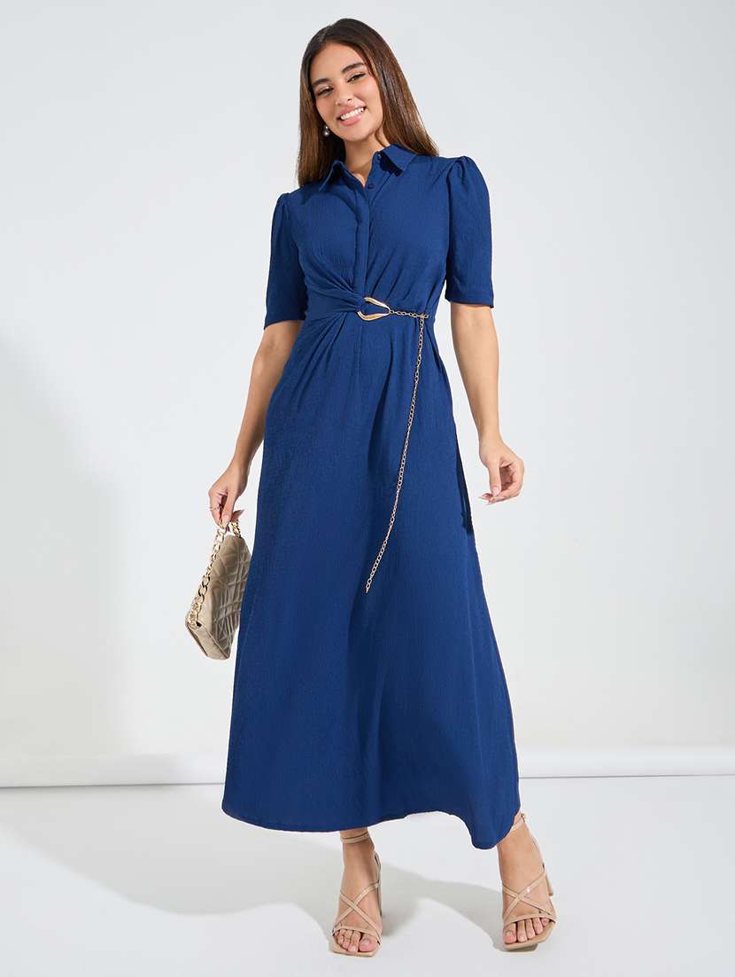 women navy blue polyester a-line dress