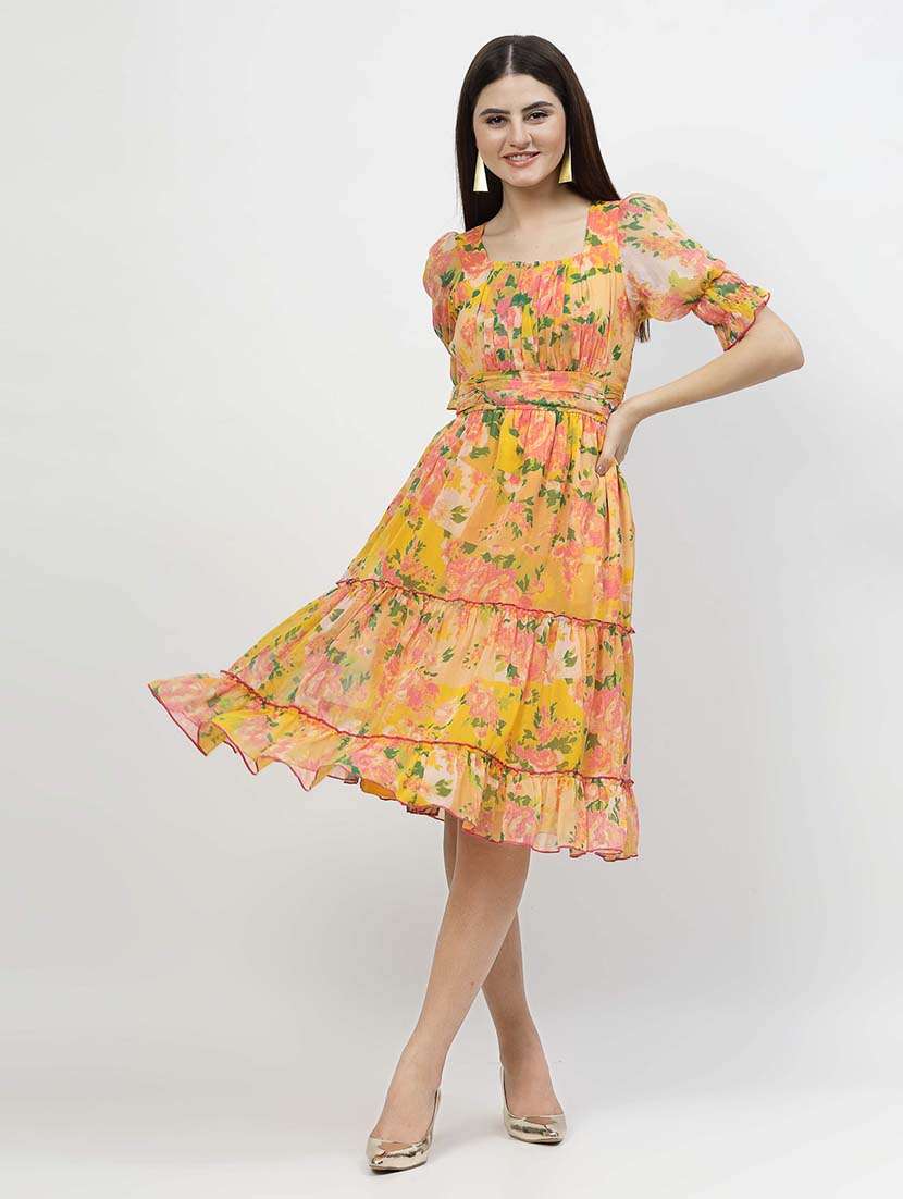 yellow floral printed tiered dress