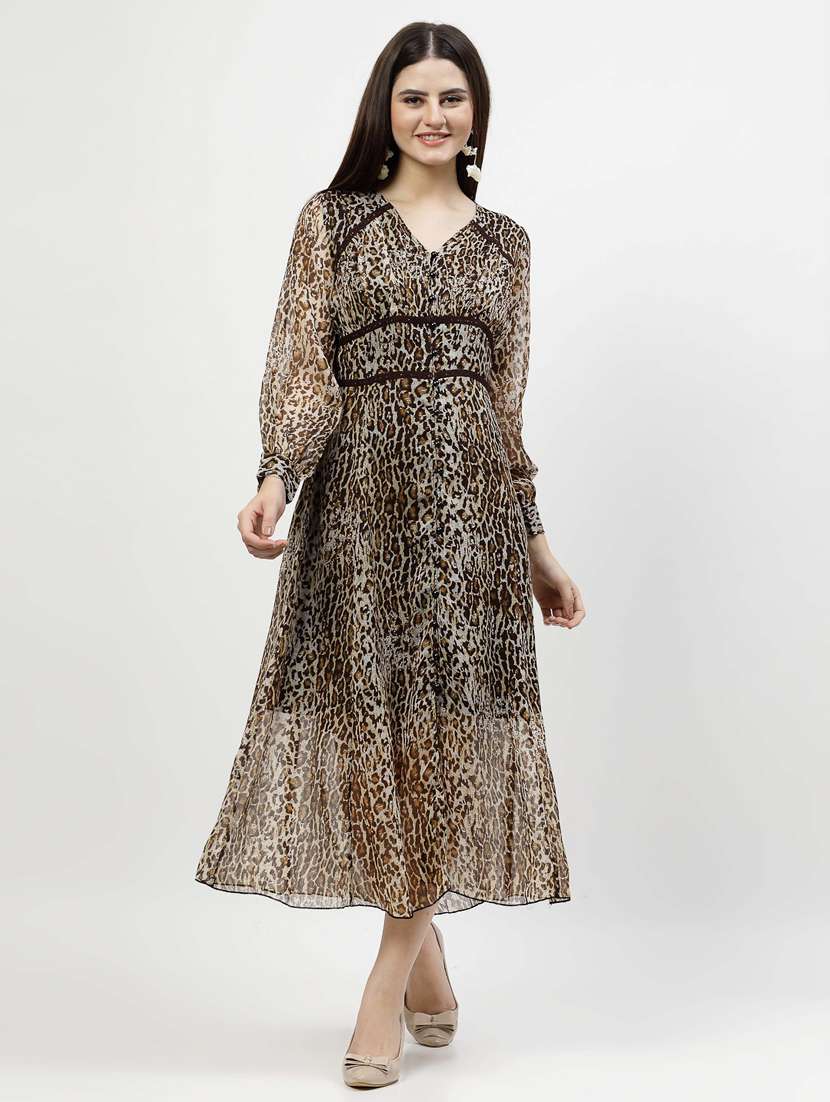 brown animal printed a-line dress