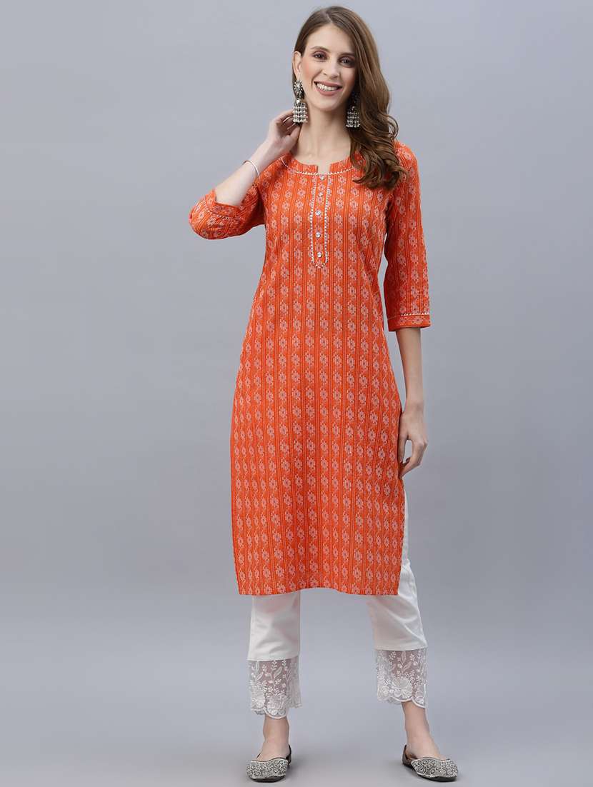 women orange mandarin neck straight kurta - 21458039 - Zoom Image - 0