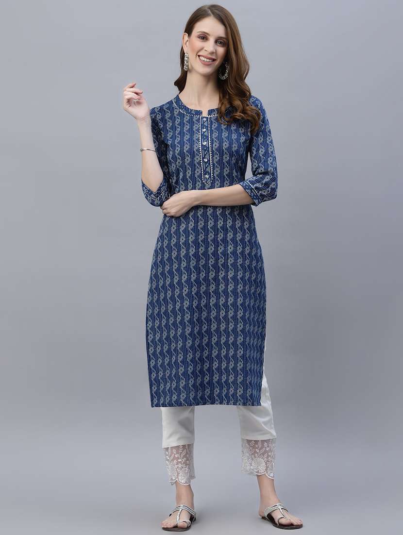 women blue mandarin neck straight kurta