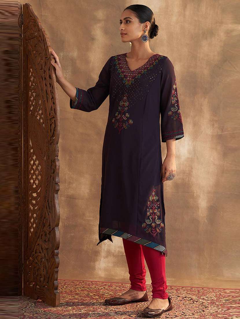 women purple linen a-line kurta - 21458738 - Standard Image - 1