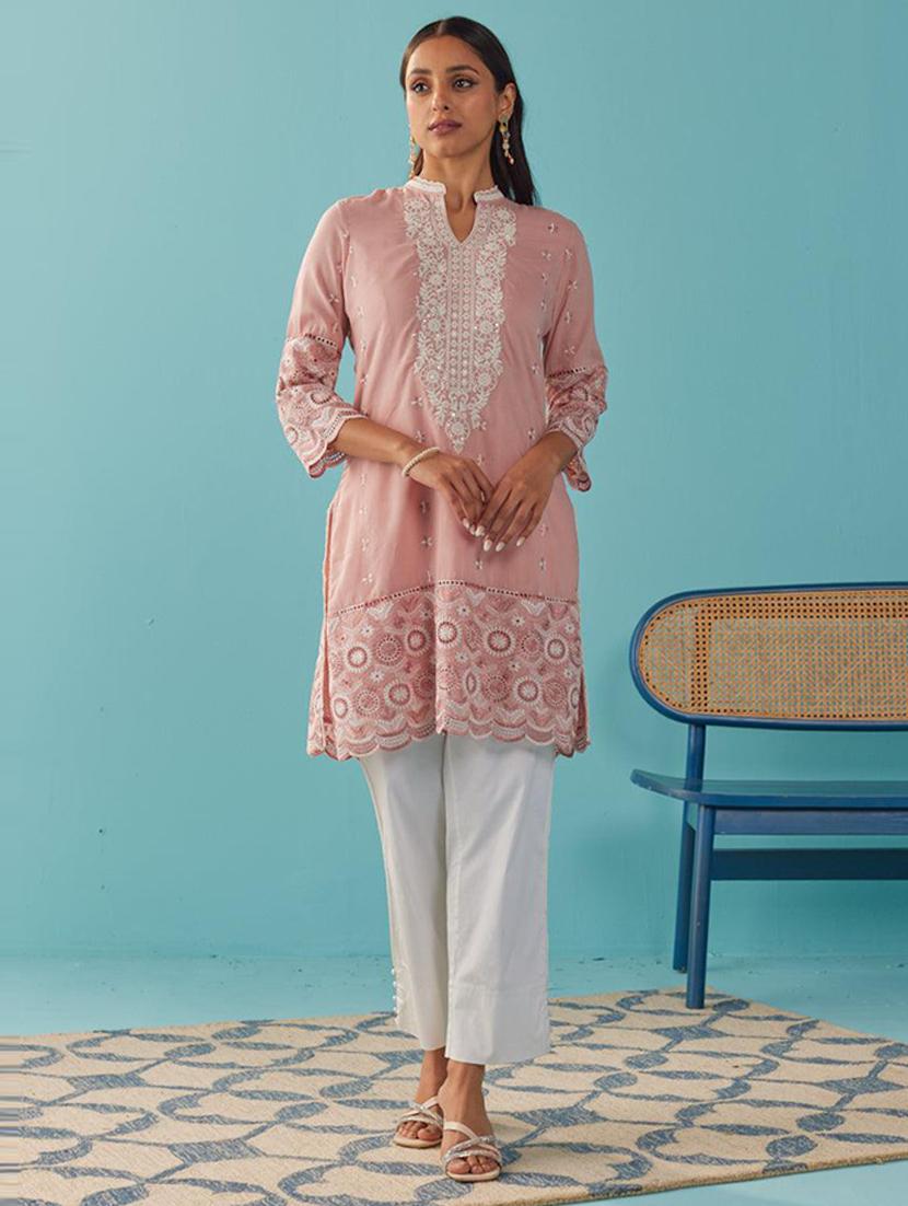 women peach three quarter sleeve straight kurta - 21458881 - Standard Image - 1