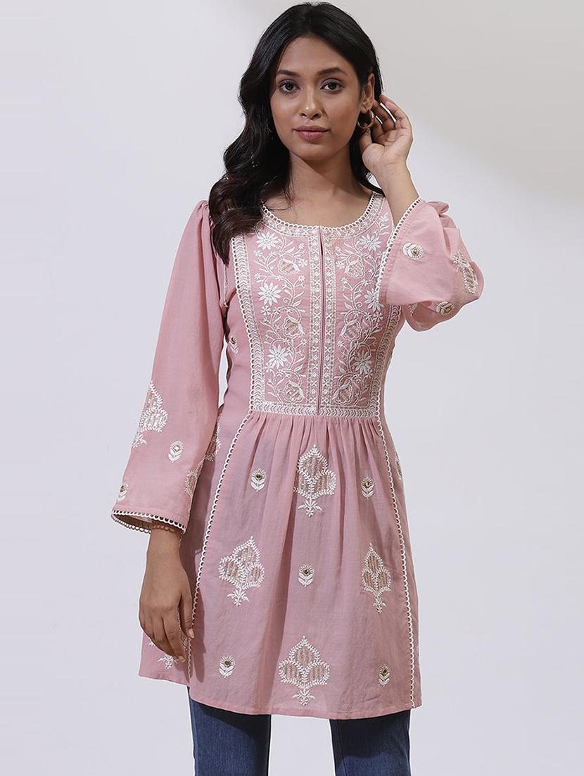 women pink cotton blend a-line kurti