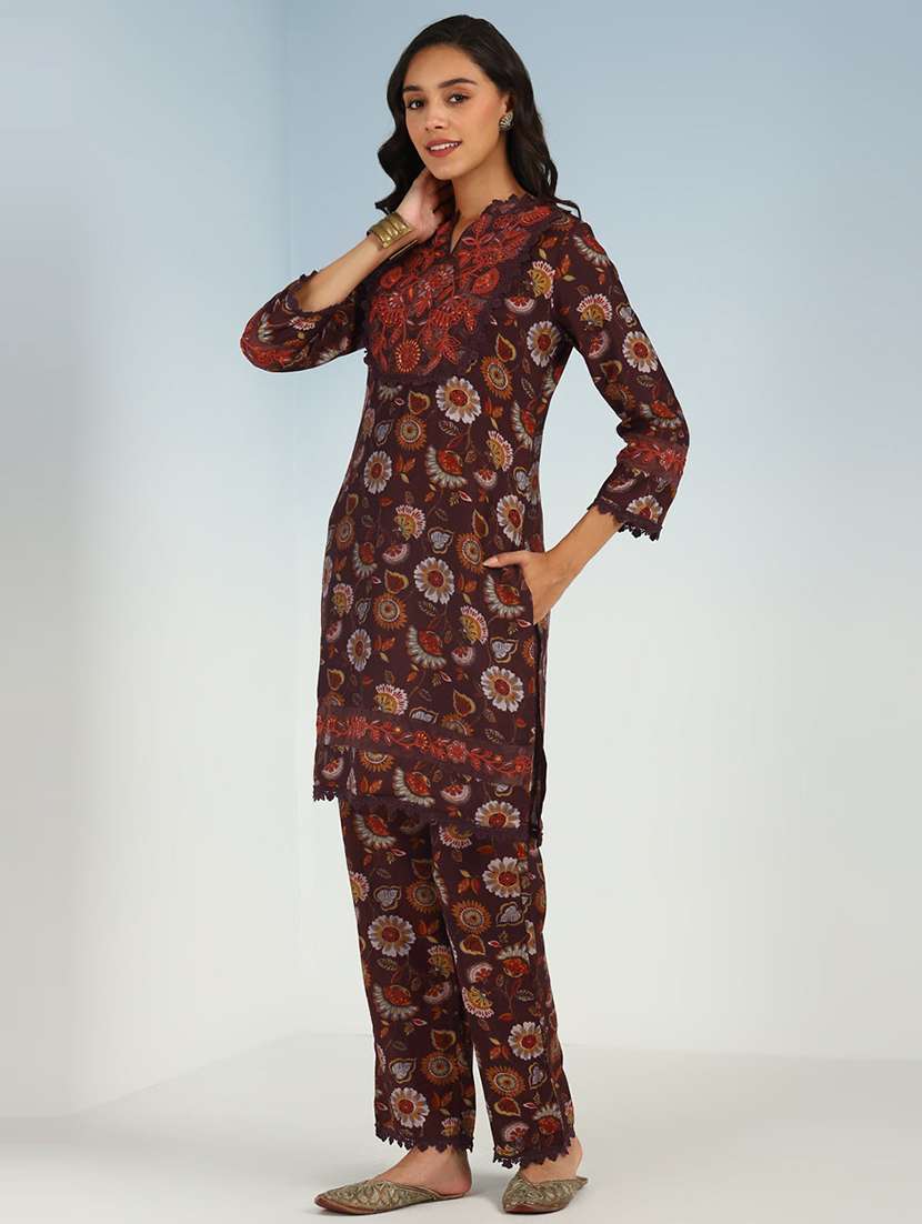 women maroon floral printed kurta pant set - 21458988 -  Standard Image - 1