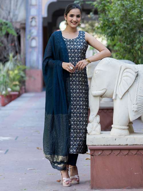 women navy blue silk straight kurta - 21459715 -  Standard Image - 0