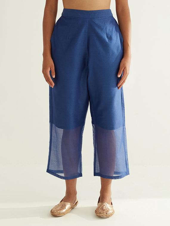 women blue cotton blend wide leg trouser - 21459935 -  Standard Image - 1