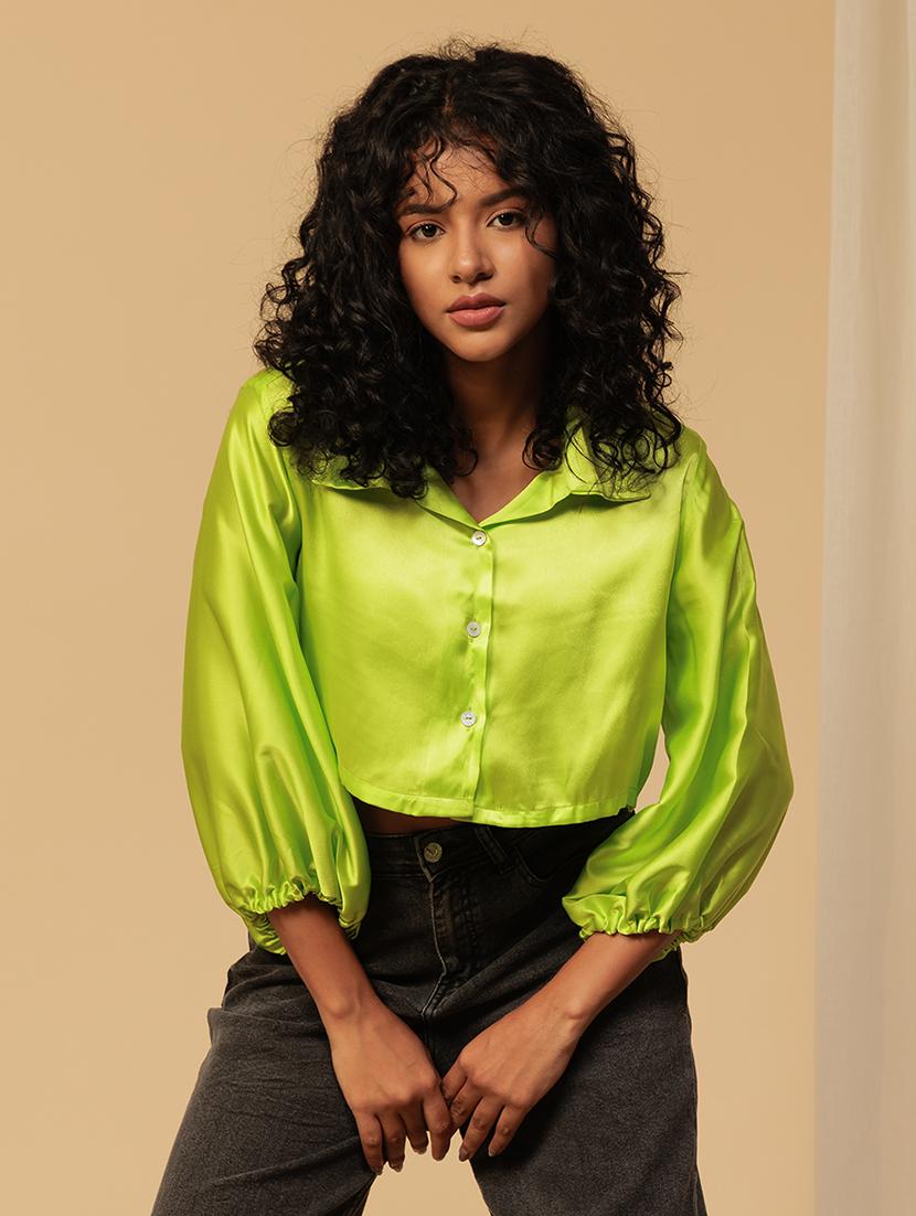 women solid puff sleeve crop shirt - 21460075 - Standard Image - 1