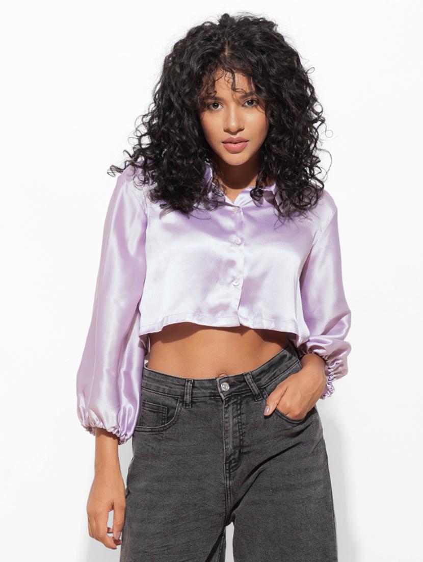 women solid puff sleeve crop shirt - 21460076 - Zoom Image - 0