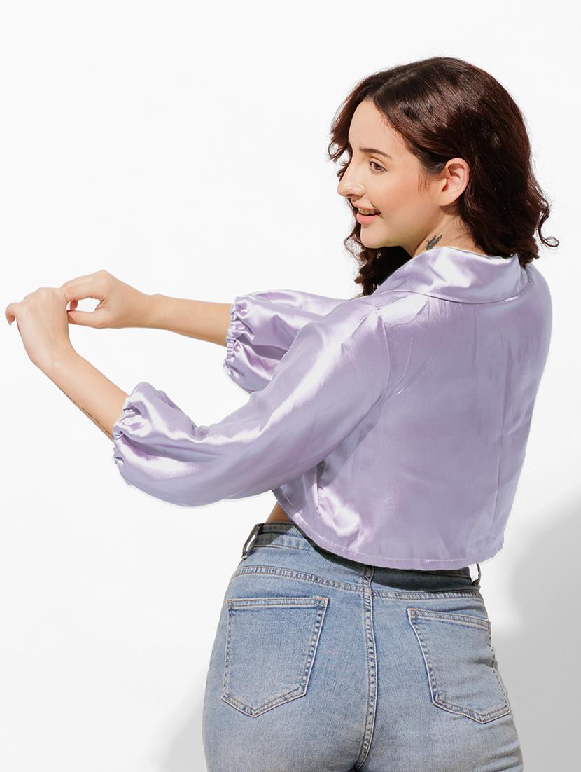 women solid puff sleeve crop shirt - 21460076 - Standard Image - 1