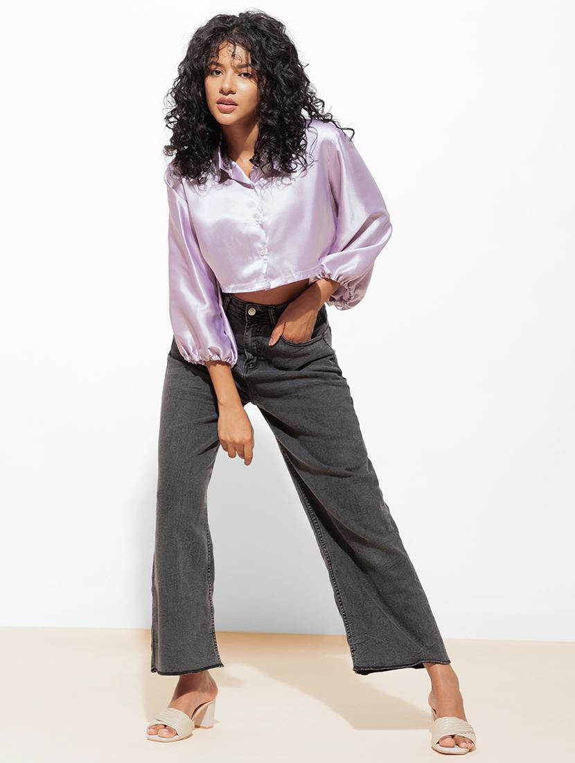 women solid puff sleeve crop shirt - 21460076 - Standard Image - 4