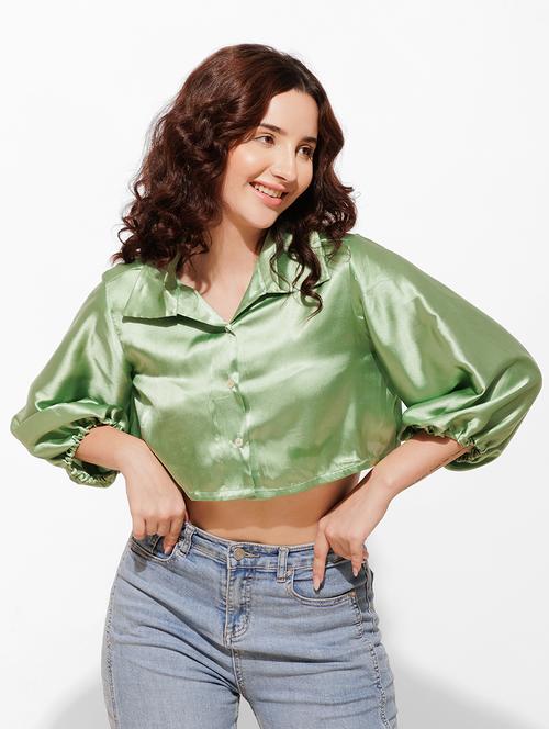 women solid puff sleeve crop shirt - 21460077 - Standard Image - 0