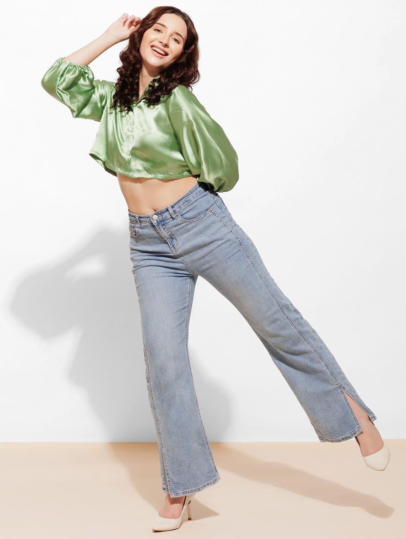 women solid puff sleeve crop shirt - 21460077 - Standard Image - 4