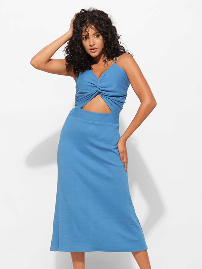 women blue cotton a-line dress