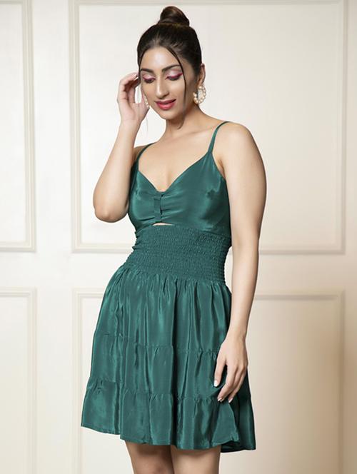 women teal green crepe fit & flare dress - 21460113 - Standard Image - 0