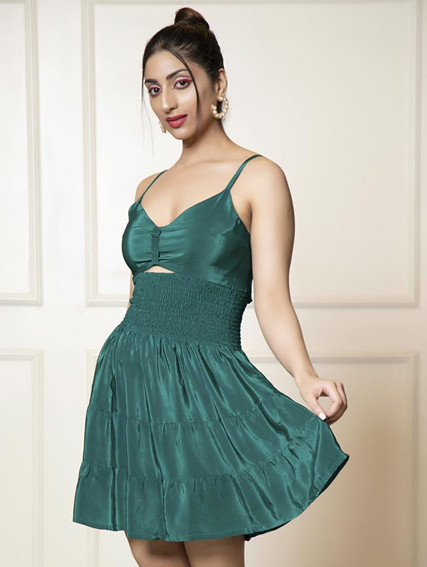 women teal green crepe fit & flare dress - 21460113 -  Standard Image - 1