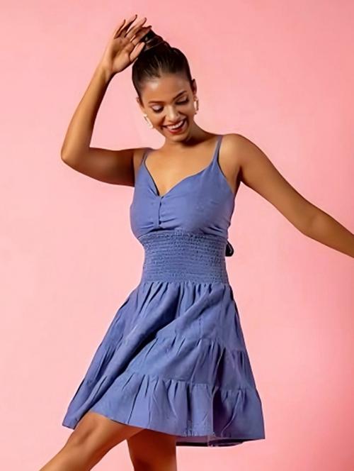women blue cotton fit & flare dress - 21460114 -  Standard Image - 0