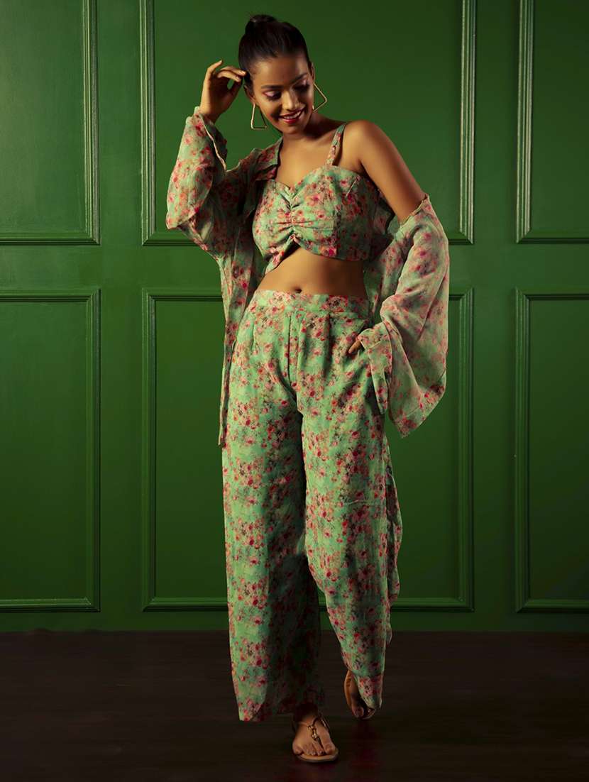 women green floral printed top and palazzos co-ord set