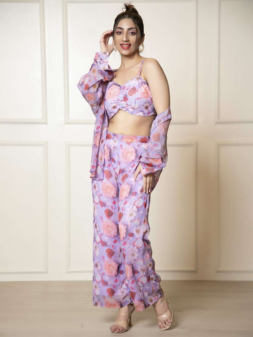 women purple floral printed top and palazzos co-ord set