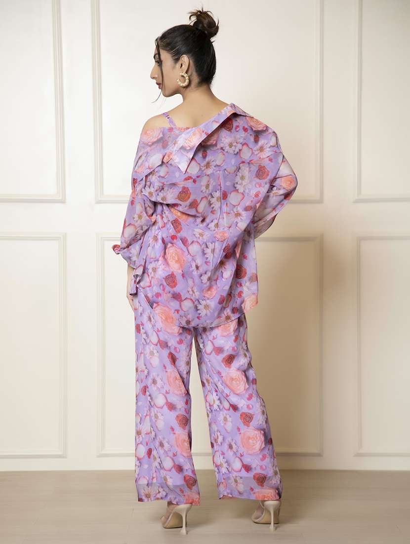 Women Purple Floral Printed Top And Palazzos Co Ord Set