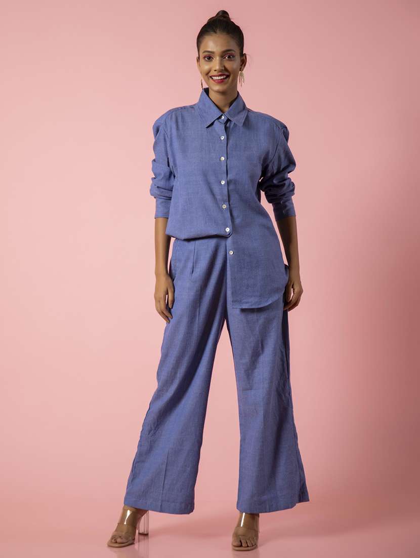 women blue cotton blend shirt and trouser co-ord set