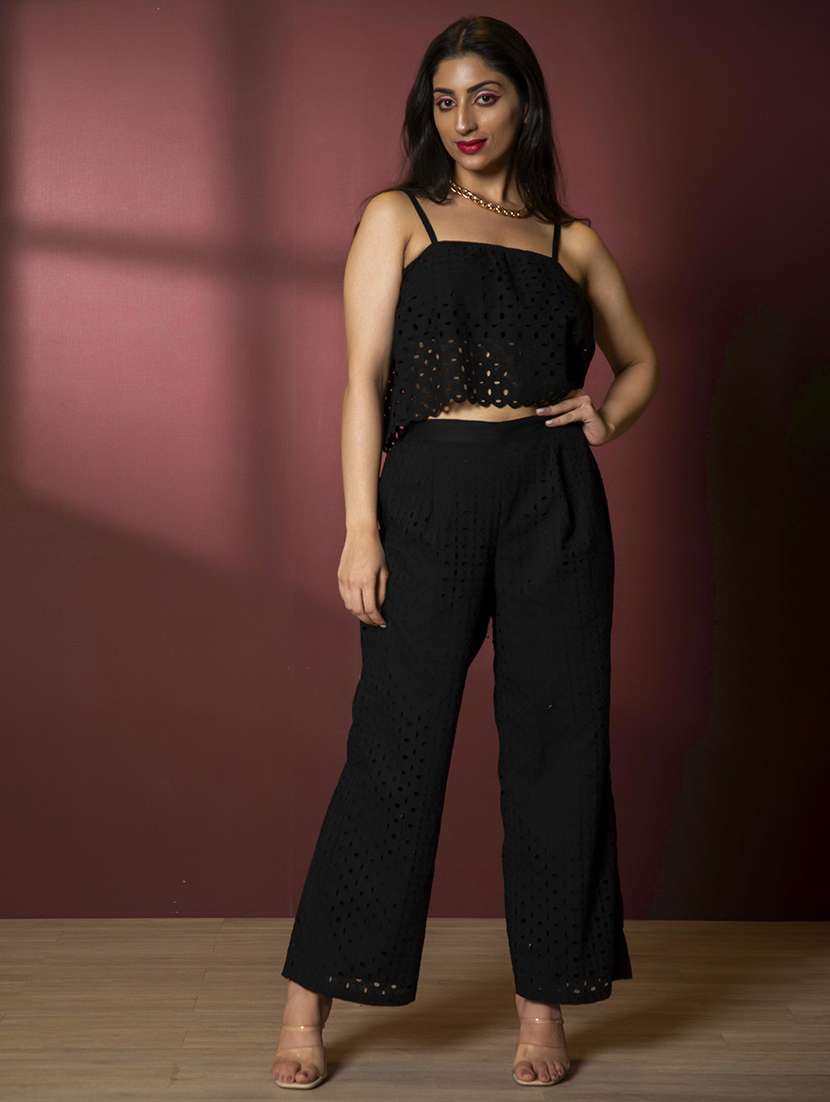 women black cotton blend top and trouser co-ord set