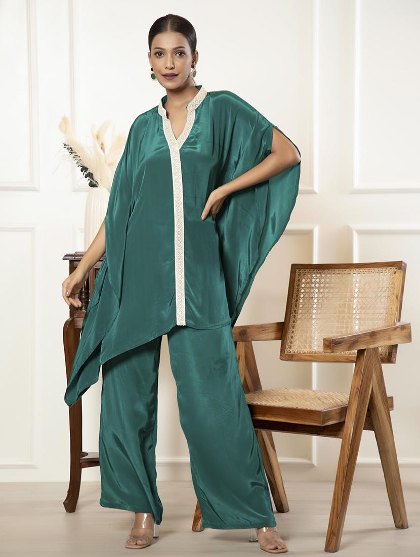 women green solid top and trouser co-ord set - 21460144 - Standard Image - 1