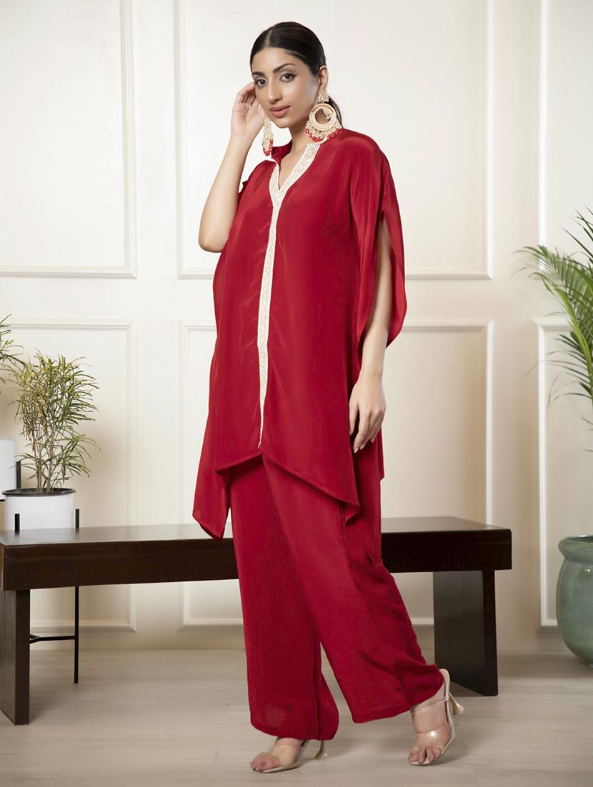 women red polyester top and trouser co-ord set - 21460145 -  Standard Image - 1