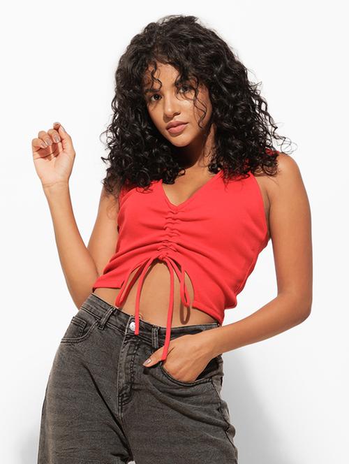 women red solid sleeveless crop top - 21460148 -  Standard Image - 0