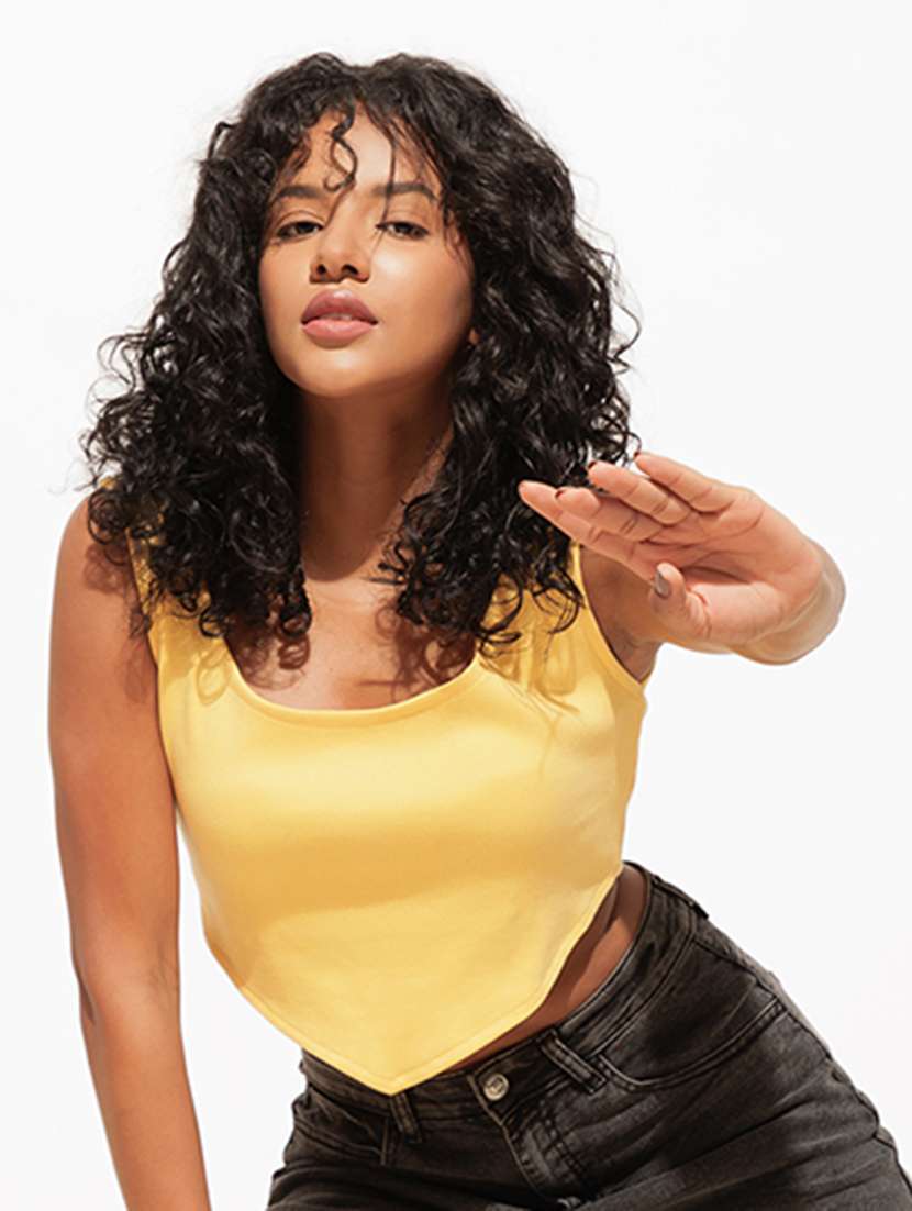 women yellow solid crop top - 21460155 - Standard Image - 1