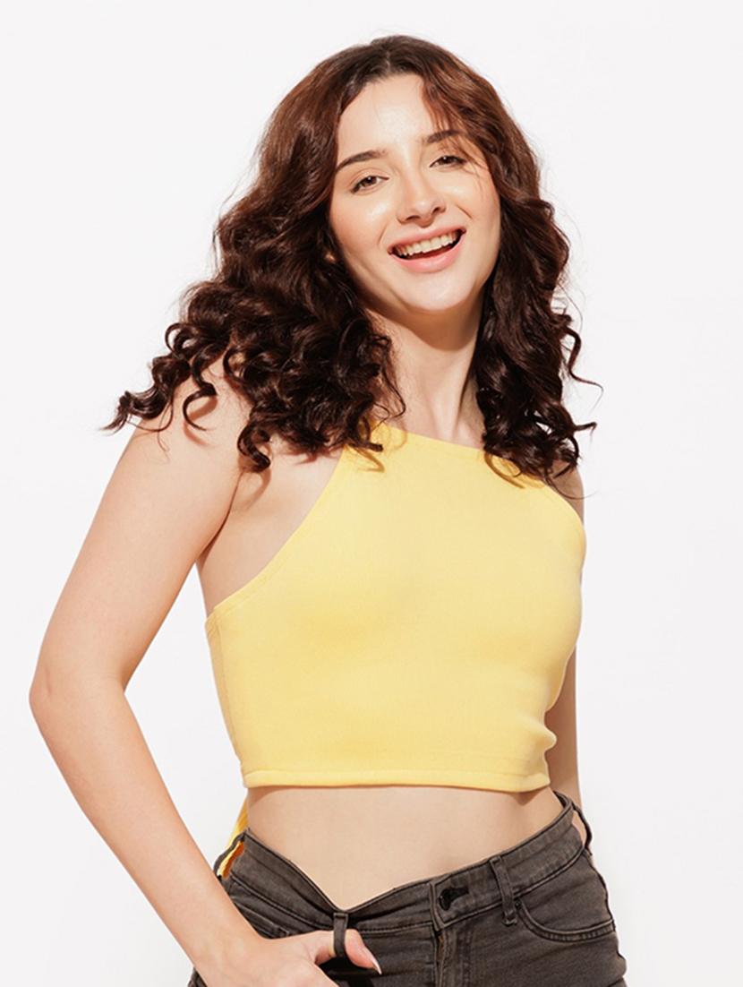women yellow solid crop top - 21460157 - Standard Image - 1