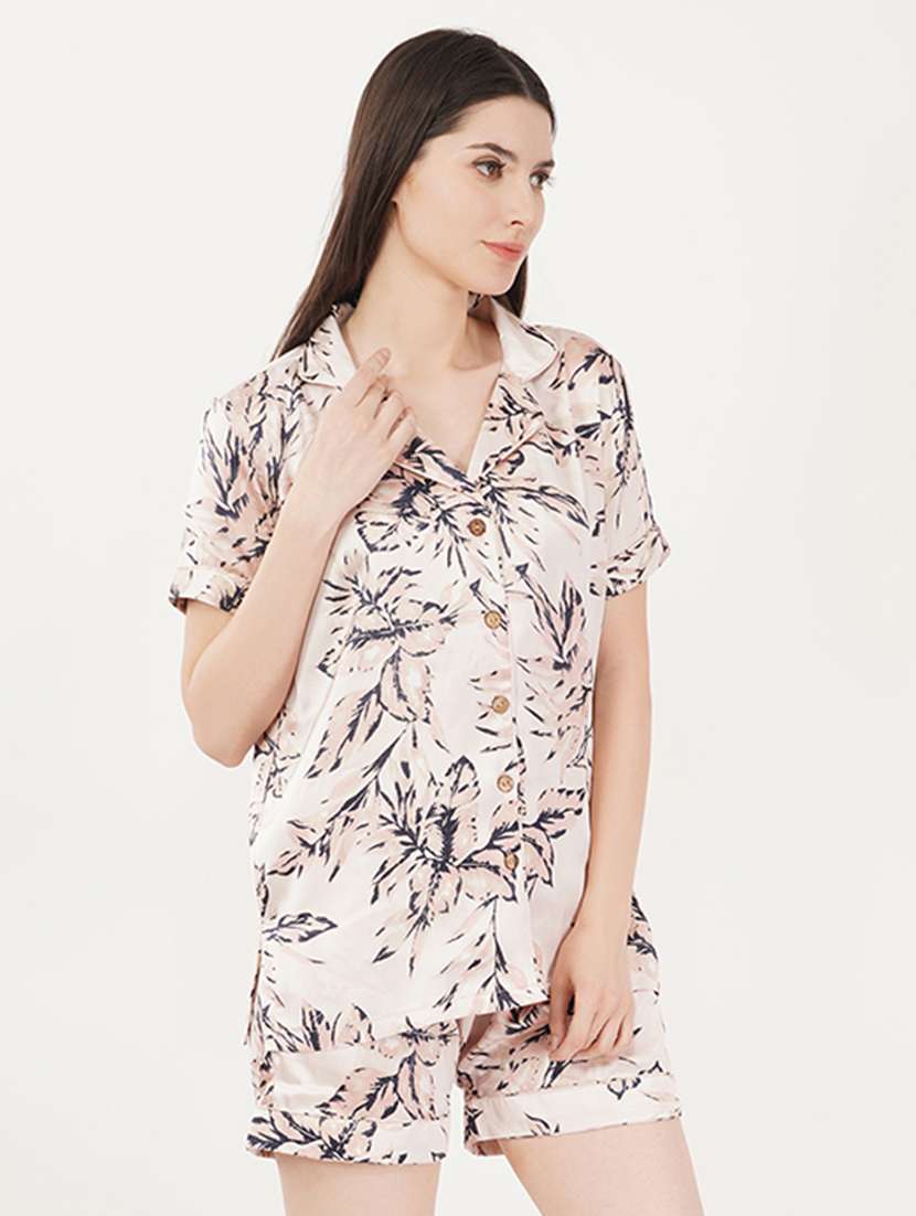 women cream printed satin shorts nightwear set  - 21460229 -  Standard Image - 1