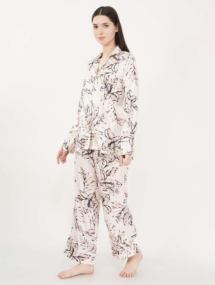 women cream printed satin pyjama nightwear set - 21460230 - Standard Image - 1