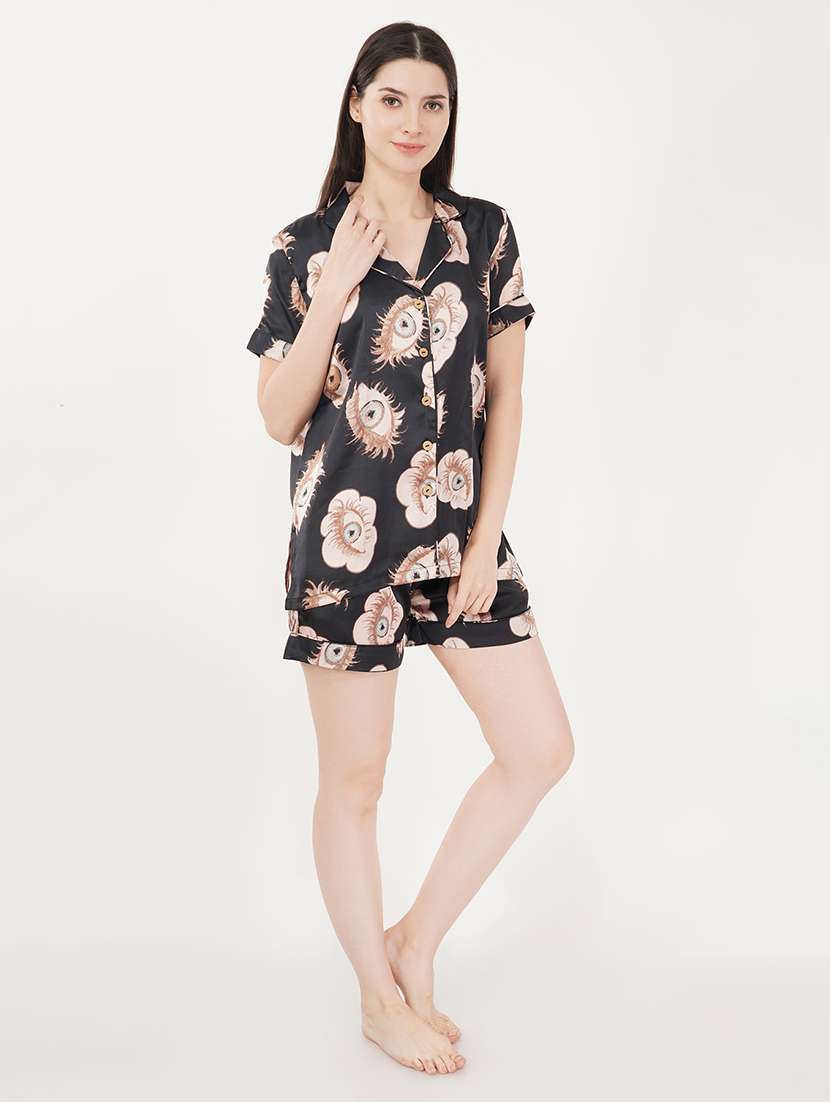 women black printed satin shorts nightwear set - 21460232 -  Standard Image - 4