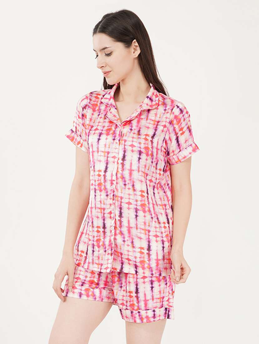 women pink tie & dye shorts nightwear set - 21460233 - Standard Image - 1