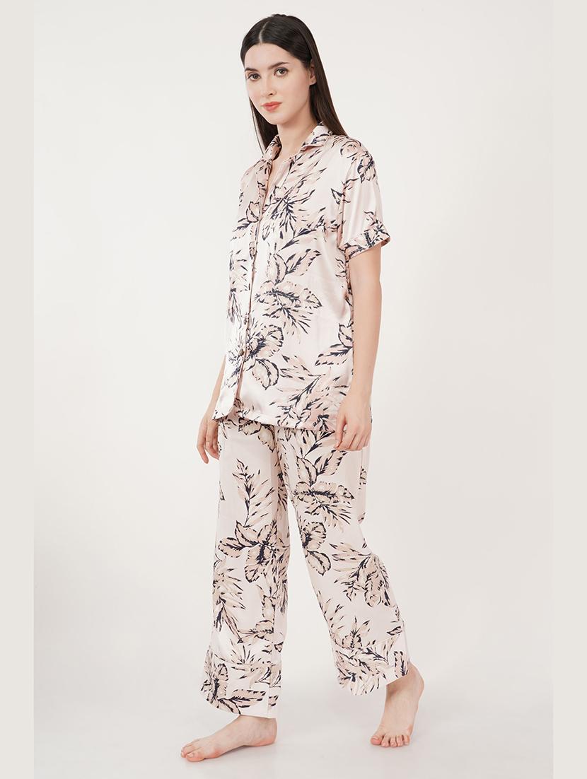 women beige satin pyjama nightwear set - 21460238 -  Standard Image - 1