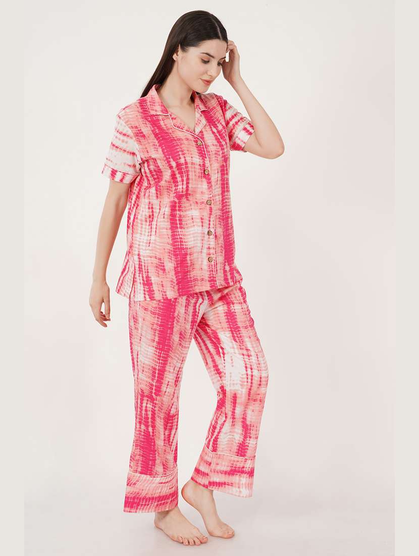 women pink tie & dye pyjama nightwear set - 21460239 -  Standard Image - 1