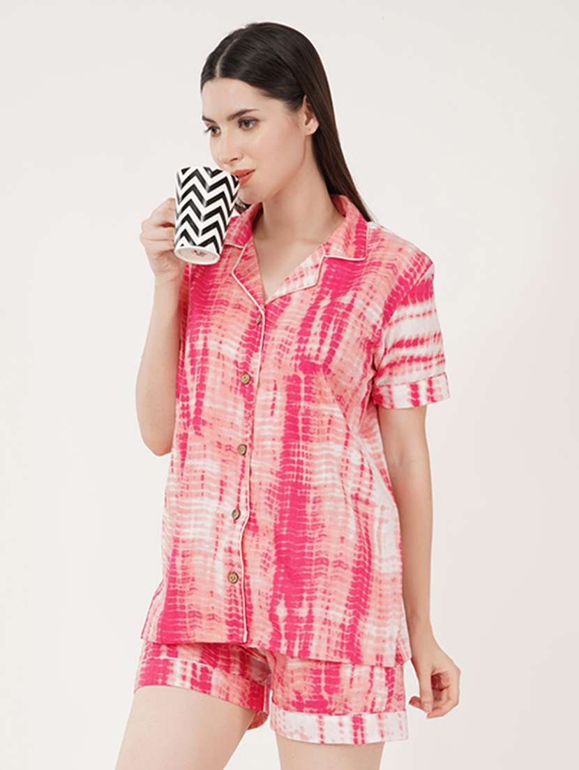 women pink tie & dye shorts nightwear set - 21460240 - Standard Image - 1