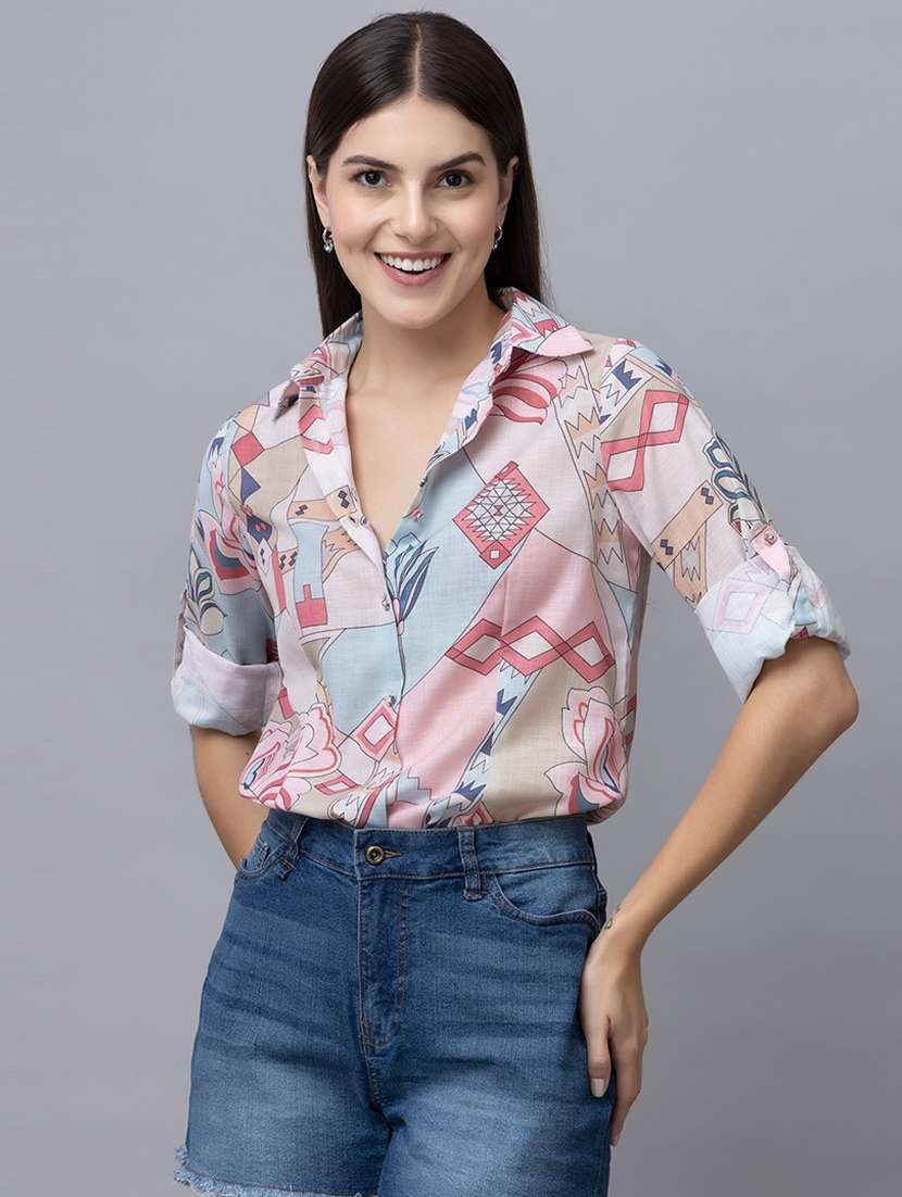 women printed collared long sleeves shirt