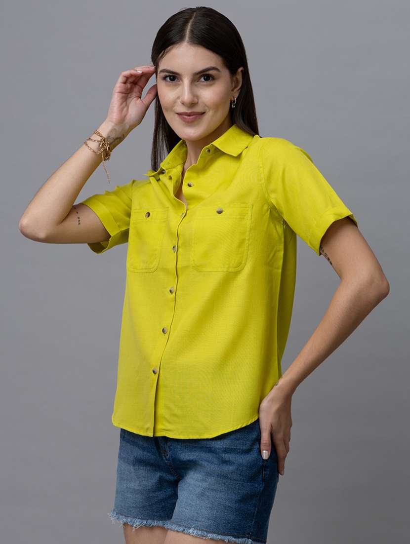 women solid collared shorts sleeves shirt - 21461009 -  Standard Image - 1