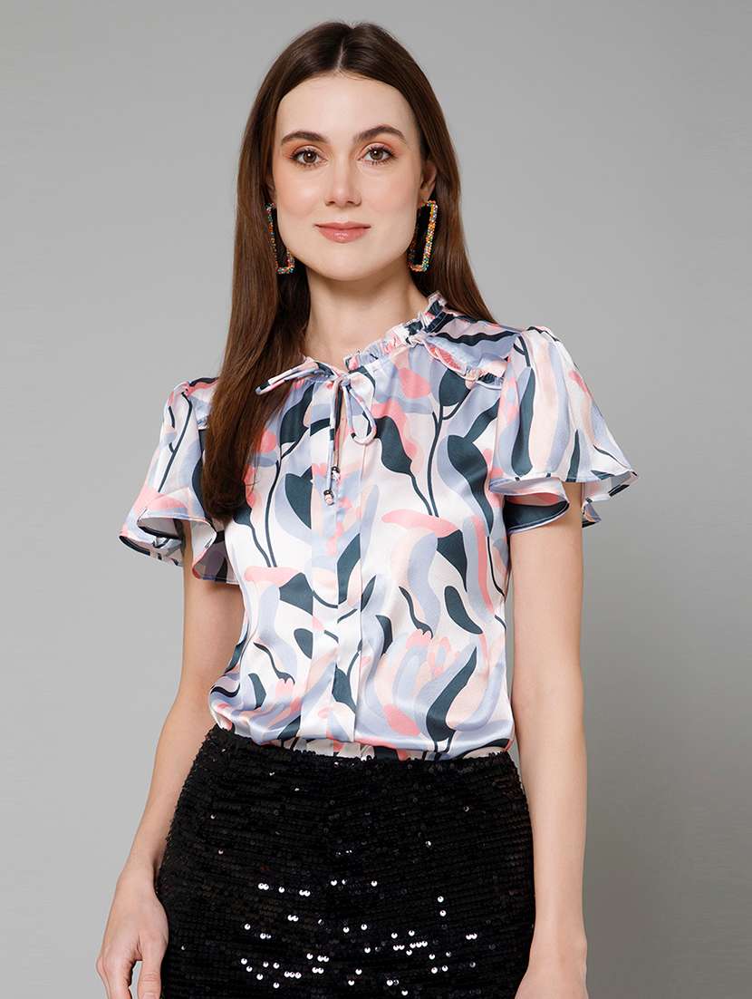 women printed tie up neck top