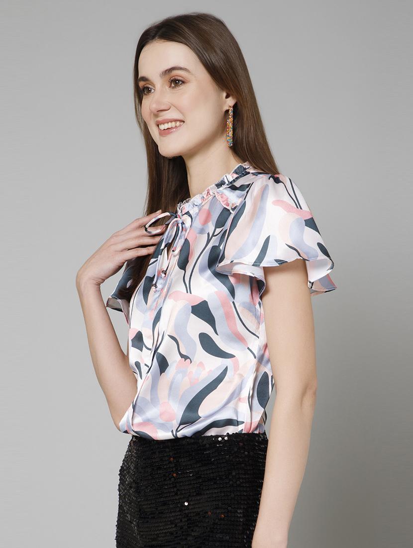 women printed tie up neck top - 21461025 - Standard Image - 1