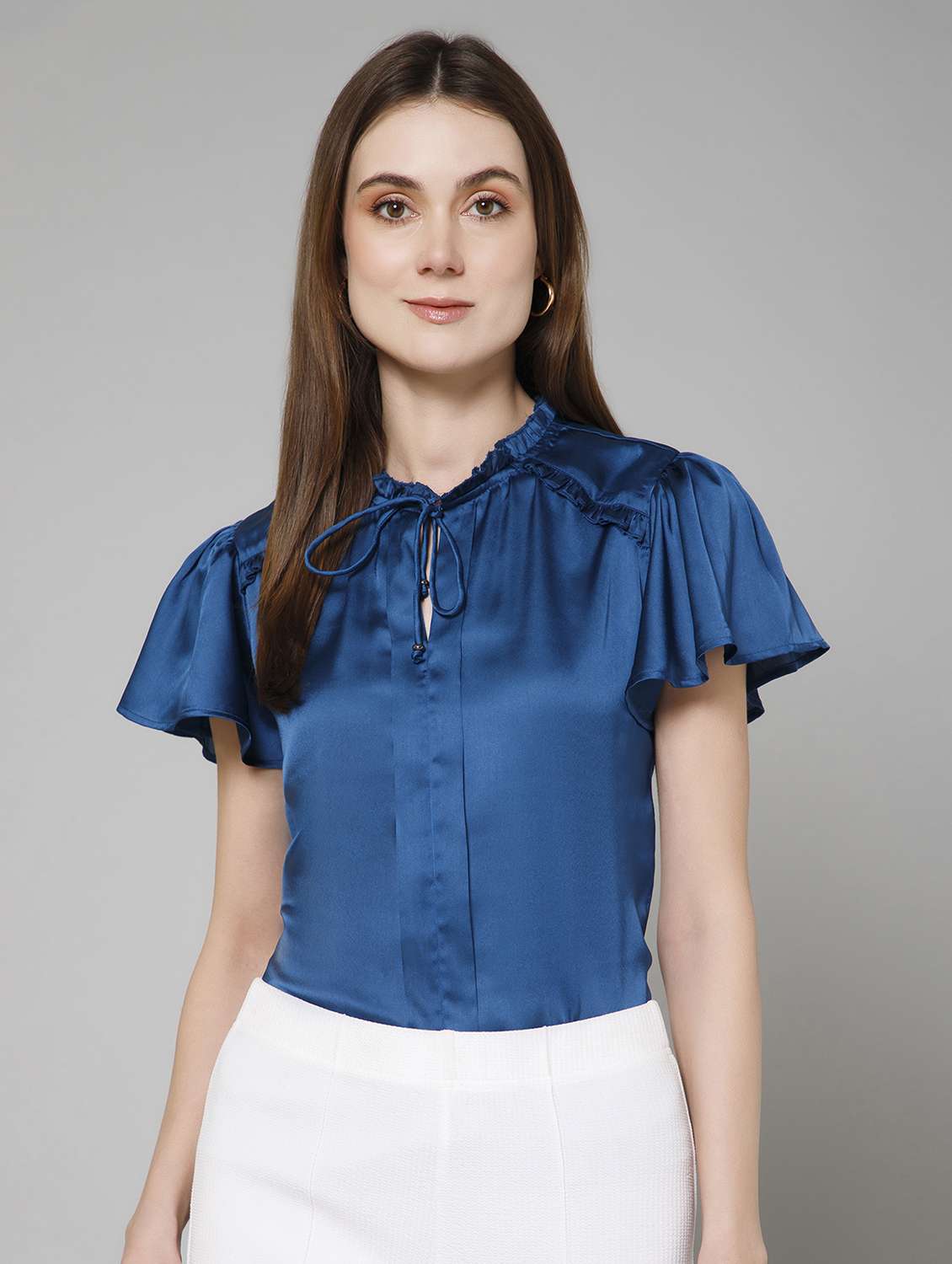 women solid tie-up neck regular top - 21461026 -  Standard Image - 1