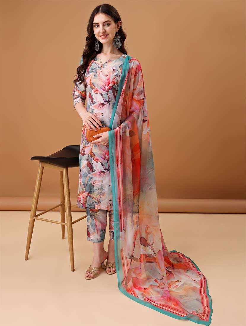 women multi color kurta pant set with dupatta