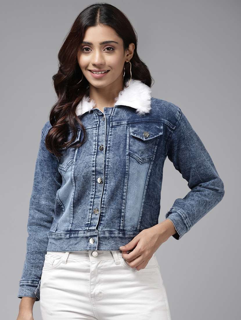 women blue denim jacket with fur collar 