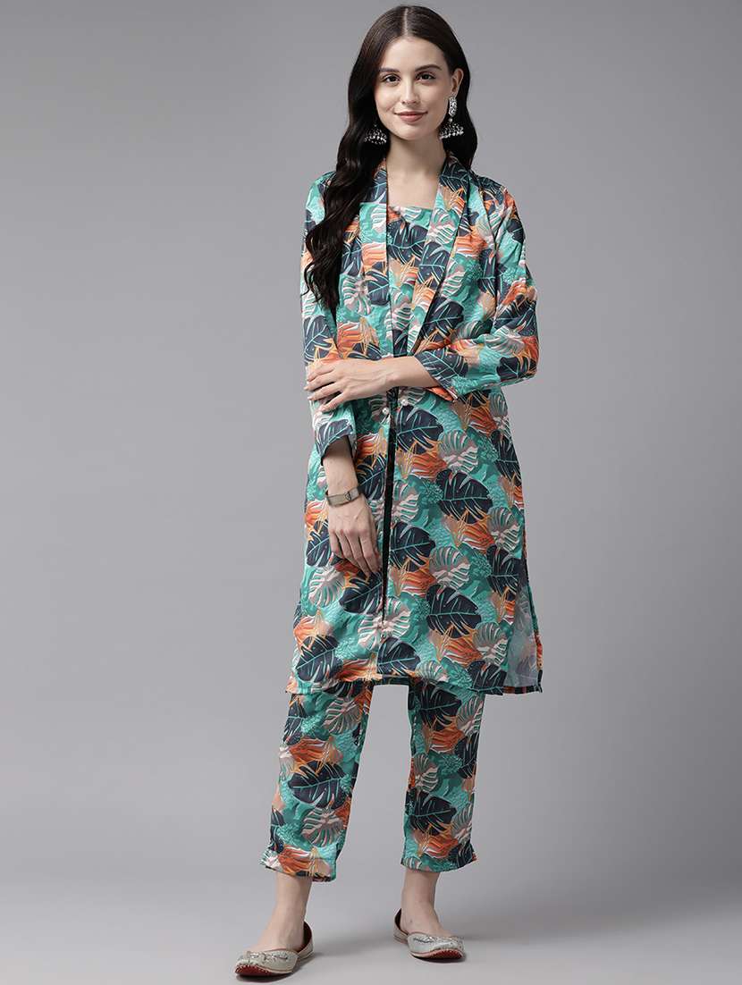 women printed top and trouser co-ord set with jacket - 21461810 -  Standard Image - 1